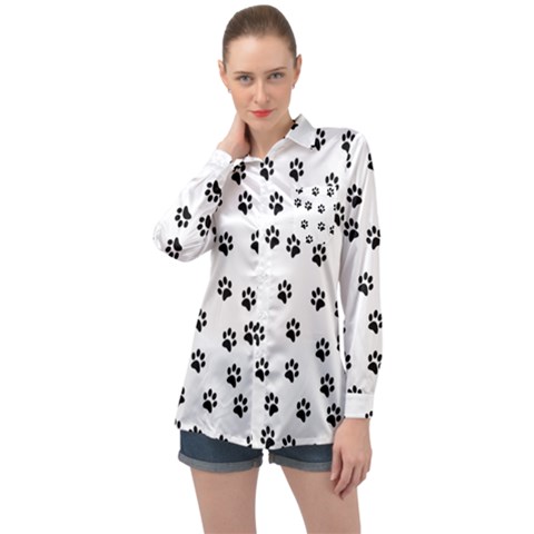 Dog Paws Pattern, Black And White Vector Illustration, Animal Love Theme Long Sleeve Satin Shirt by Casemiro