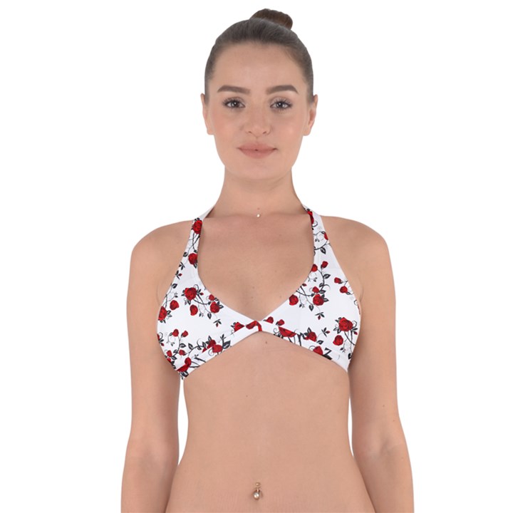 Vector Roses Pattern,red flowers and black branches, asymmetric design Halter Neck Bikini Top