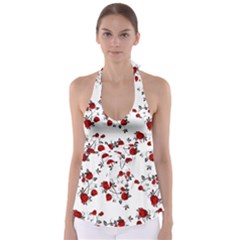 Vector Roses Pattern,red Flowers And Black Branches, Asymmetric Design Babydoll Tankini Top by Casemiro