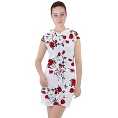 Vector Roses Pattern,red Flowers And Black Branches, Asymmetric Design Drawstring Hooded Dress by Casemiro