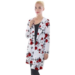 Vector Roses Pattern,red Flowers And Black Branches, Asymmetric Design Hooded Pocket Cardigan