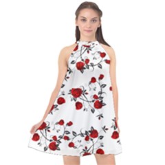 Vector Roses Pattern,red Flowers And Black Branches, Asymmetric Design Halter Neckline Chiffon Dress  by Casemiro