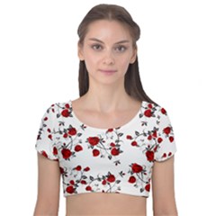 Vector Roses Pattern,red Flowers And Black Branches, Asymmetric Design Velvet Short Sleeve Crop Top  by Casemiro