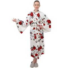 Vector Roses Pattern,red Flowers And Black Branches, Asymmetric Design Maxi Velour Kimono by Casemiro