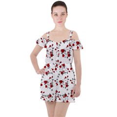 Vector Roses Pattern,red Flowers And Black Branches, Asymmetric Design Ruffle Cut Out Chiffon Playsuit by Casemiro