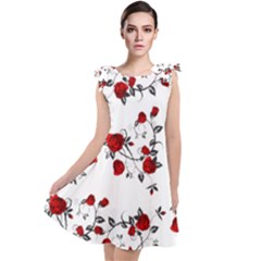 Vector Roses Pattern,red Flowers And Black Branches, Asymmetric Design Tie Up Tunic Dress