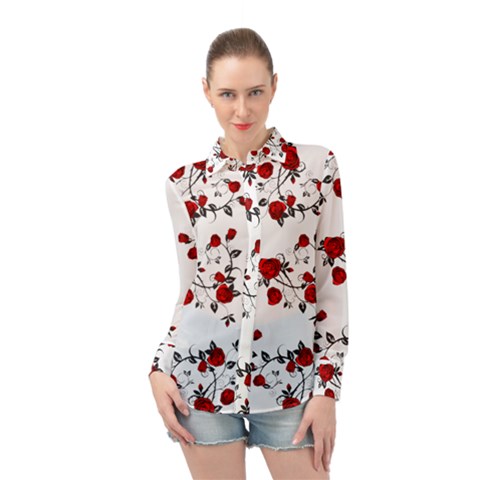 Vector Roses Pattern,red Flowers And Black Branches, Asymmetric Design Long Sleeve Chiffon Shirt by Casemiro