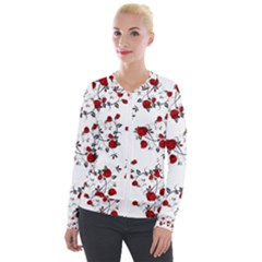 Vector Roses Pattern,red Flowers And Black Branches, Asymmetric Design Velour Zip Up Jacket by Casemiro