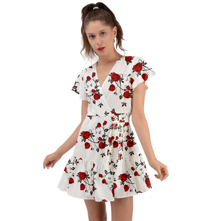 Vector Roses Pattern,red flowers and black branches, asymmetric design Flutter Sleeve Wrap Dress