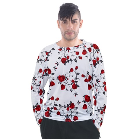 Vector Roses Pattern,red Flowers And Black Branches, Asymmetric Design Men s Long Sleeve Raglan Tee by Casemiro