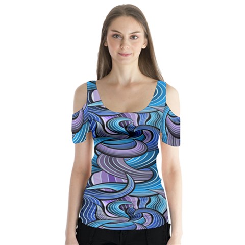 Blue Swirl Pattern Butterfly Sleeve Cutout Tee  by designsbymallika