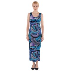 Blue Swirl Pattern Fitted Maxi Dress by designsbymallika