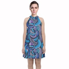 Blue Swirl Pattern Velvet Halter Neckline Dress  by designsbymallika