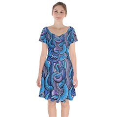 Blue Swirl Pattern Short Sleeve Bardot Dress by designsbymallika