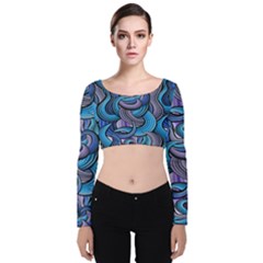 Blue Swirl Pattern Velvet Long Sleeve Crop Top by designsbymallika