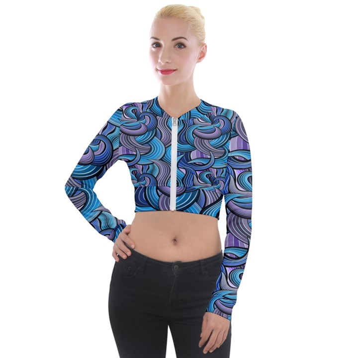 Blue Swirl Pattern Long Sleeve Cropped Velvet Jacket