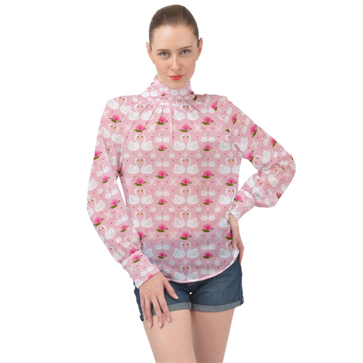 Love Birds High Neck Long Sleeve Chiffon Top