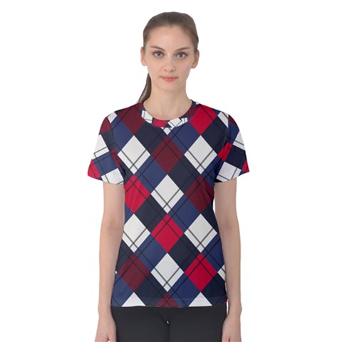 Checks Pattern Blue Red Women s Cotton Tee by designsbymallika