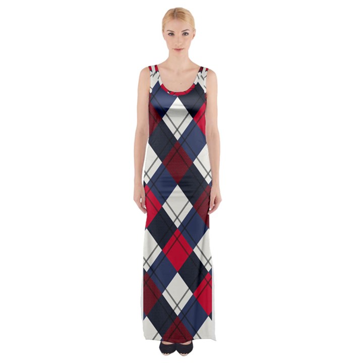 Checks Pattern Blue Red Thigh Split Maxi Dress