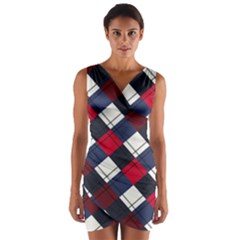 Checks Pattern Blue Red Wrap Front Bodycon Dress by designsbymallika