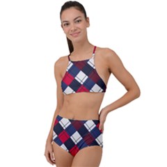 Checks Pattern Blue Red High Waist Tankini Set by designsbymallika