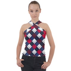 Checks Pattern Blue Red Cross Neck Velour Top by designsbymallika