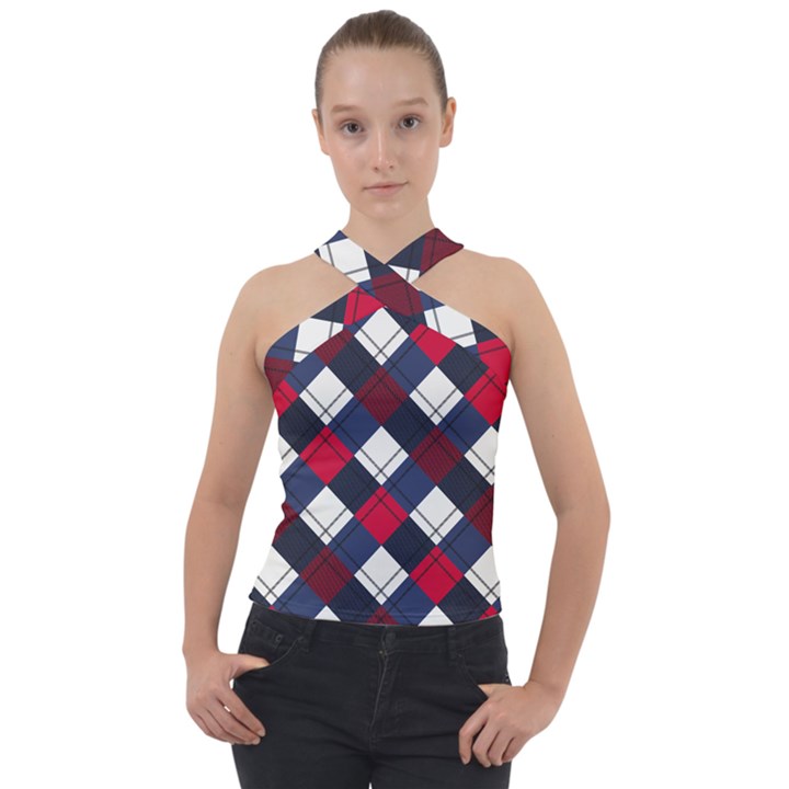 Checks Pattern Blue Red Cross Neck Velour Top