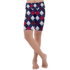 Checks Pattern Blue Red Kids  Lightweight Velour Cropped Yoga Leggings by designsbymallika