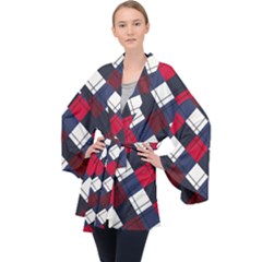 Checks Pattern Blue Red Long Sleeve Velvet Kimono  by designsbymallika