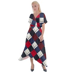 Checks Pattern Blue Red Cross Front Sharkbite Hem Maxi Dress by designsbymallika