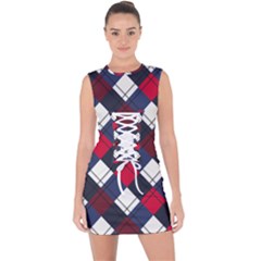 Checks Pattern Blue Red Lace Up Front Bodycon Dress