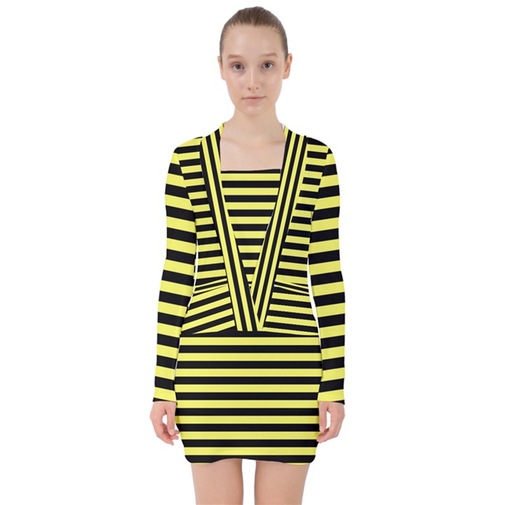 Wasp stripes pattern, yellow and black lines, bug themed V-neck Bodycon Long Sleeve Dress