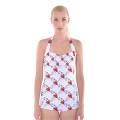 Poppies Pattern, Poppy Flower Symetric Theme, Floral Design Boyleg Halter Swimsuit  by Casemiro