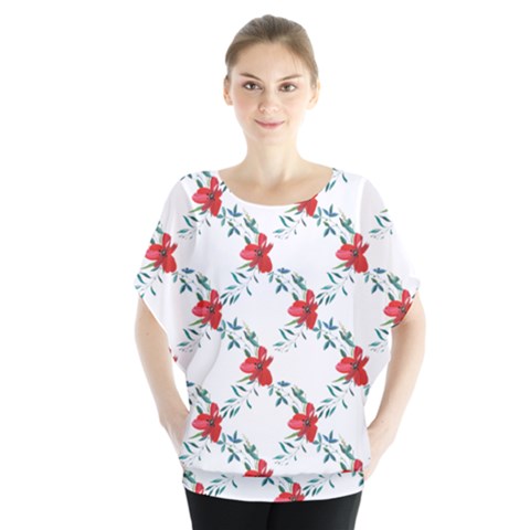 Poppies Pattern, Poppy Flower Symetric Theme, Floral Design Batwing Chiffon Blouse by Casemiro