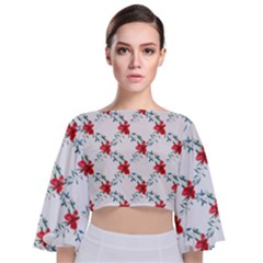 Poppies Pattern, Poppy Flower Symetric Theme, Floral Design Tie Back Butterfly Sleeve Chiffon Top by Casemiro