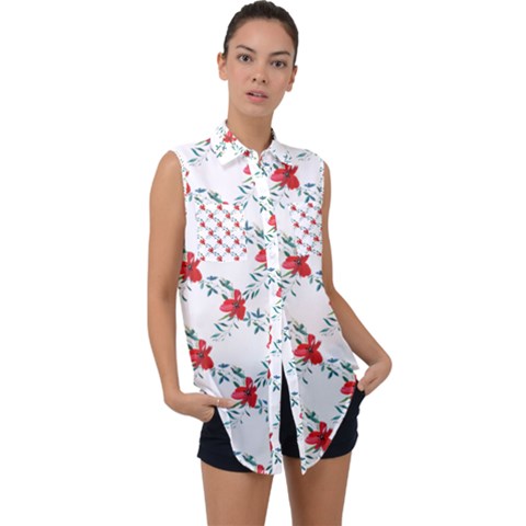 Poppies Pattern, Poppy Flower Symetric Theme, Floral Design Sleeveless Chiffon Button Shirt by Casemiro