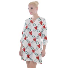 Poppies Pattern, Poppy Flower Symetric Theme, Floral Design Open Neck Shift Dress