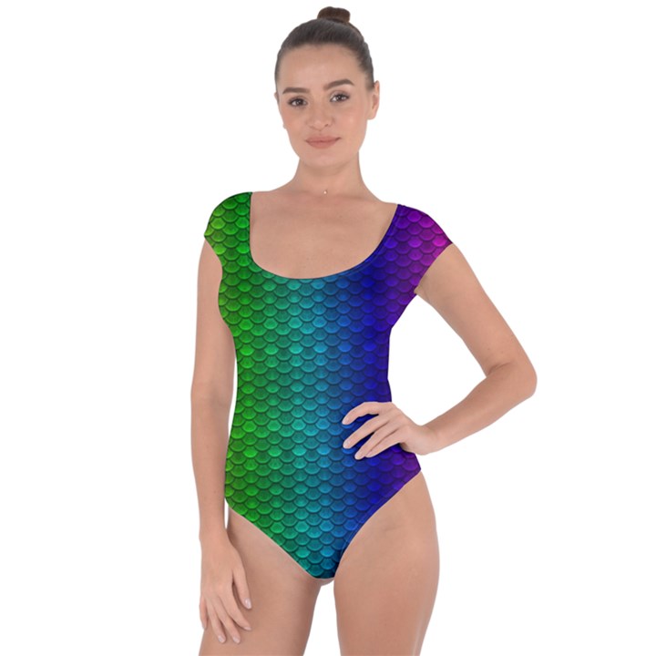 Rainbow colored scales pattern, full color palette, fish like Short Sleeve Leotard 