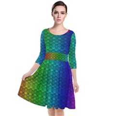 Rainbow Colored Scales Pattern, Full Color Palette, Fish Like Quarter Sleeve Waist Band Dress by Casemiro