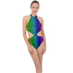 Rainbow Colored Scales Pattern, Full Color Palette, Fish Like Halter Side Cut Swimsuit by Casemiro