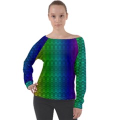 Rainbow Colored Scales Pattern, Full Color Palette, Fish Like Off Shoulder Long Sleeve Velour Top by Casemiro