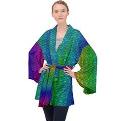 Rainbow Colored Scales Pattern, Full Color Palette, Fish Like Long Sleeve Velvet Kimono  by Casemiro