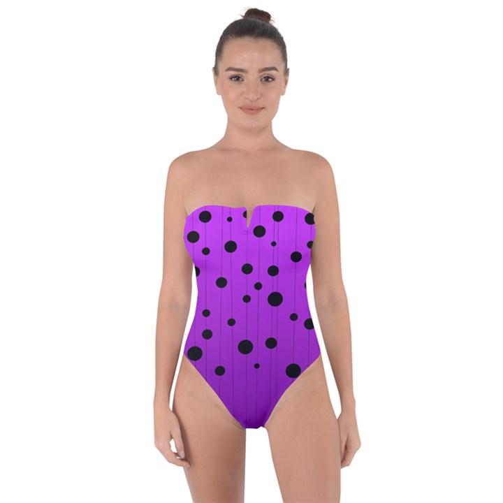 Two tone purple with black strings and ovals, dots. Geometric pattern Tie Back One Piece Swimsuit