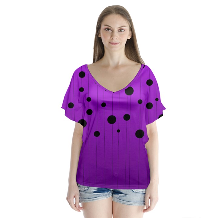 Two tone purple with black strings and ovals, dots. Geometric pattern V-Neck Flutter Sleeve Top