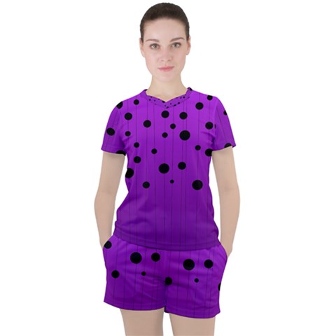 Two Tone Purple With Black Strings And Ovals, Dots  Geometric Pattern Women s Tee And Shorts Set by Casemiro