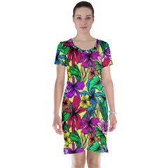 Hibiscus Flowers Pattern, Floral Theme, Rainbow Colors, Colorful Palette Short Sleeve Nightdress by Casemiro