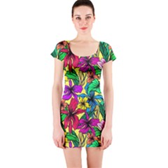 Hibiscus Flowers Pattern, Floral Theme, Rainbow Colors, Colorful Palette Short Sleeve Bodycon Dress by Casemiro