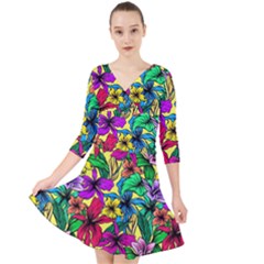 Hibiscus Flowers Pattern, Floral Theme, Rainbow Colors, Colorful Palette Quarter Sleeve Front Wrap Dress by Casemiro