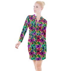 Hibiscus Flowers Pattern, Floral Theme, Rainbow Colors, Colorful Palette Button Long Sleeve Dress by Casemiro