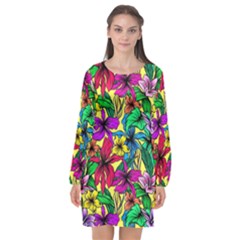 Hibiscus Flowers Pattern, Floral Theme, Rainbow Colors, Colorful Palette Long Sleeve Chiffon Shift Dress  by Casemiro